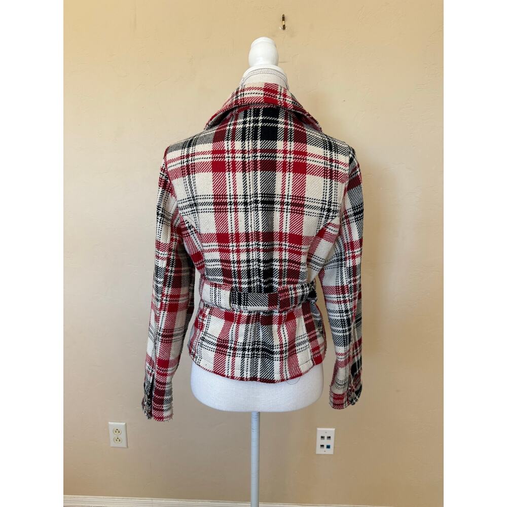 Plaid Moto Jacket Red Black Cream Belted Wool Blend Cato Small Zip Front Lined - Picture 7 of 12